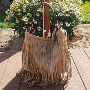 TAUPE FULL FRINGE HOBO HANDBAG SET